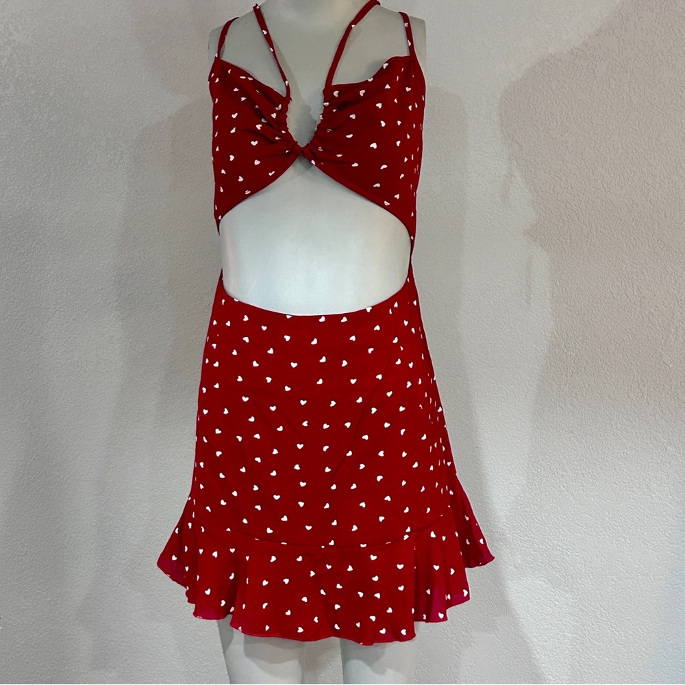 NWT SHEIN Red Heart Print Cut‑Out Dress XL | Vacay Date Night Ruffle Hem